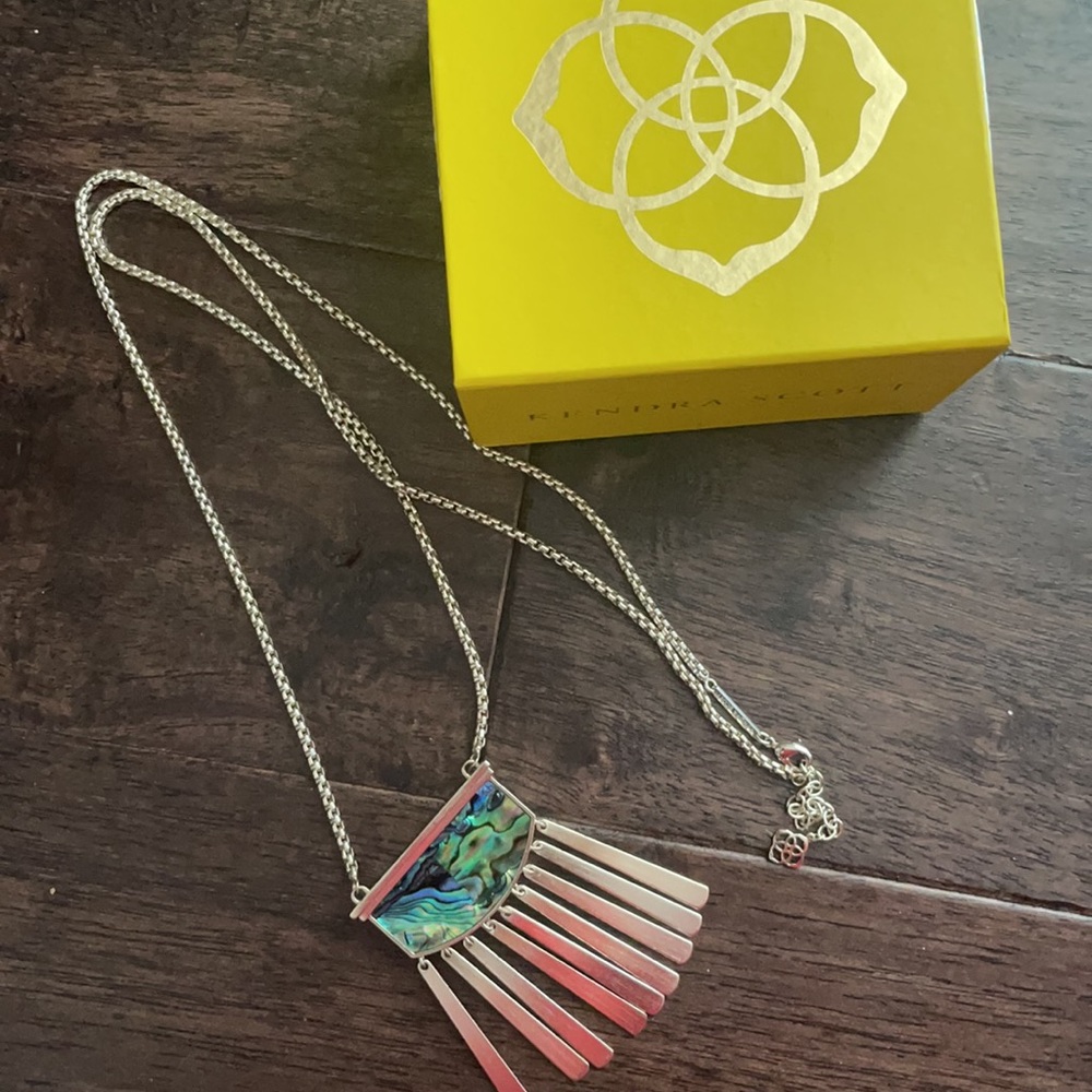Kendra Scott Ellen abalone shell long necklace with gold fringe tassels
